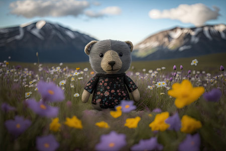 a bear doll in a field of wildflowers, with mountains in the background, created with generative aiの素材
