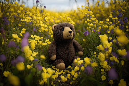 bear doll in field of flowers, surrounded by nature, created with generative aiの素材