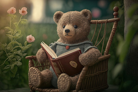 bear doll sitting in wicker chair, holding book and looking outdoors, created with generative aiの素材