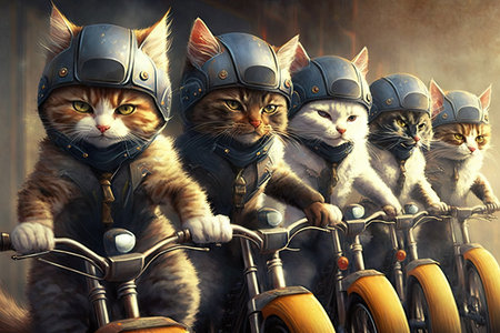 row of biker cats in formation, showing off their skills, created with generative aiの素材