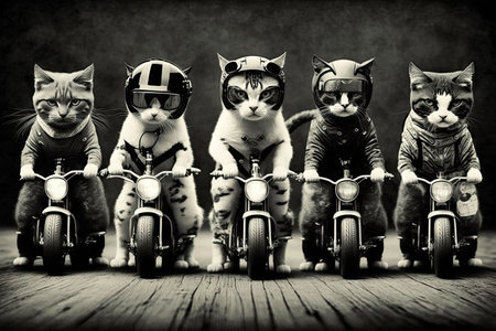 row of biker cats in formation, showing off their skills, created with generative aiの素材