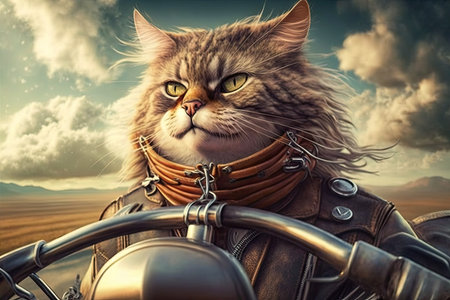biker cat on chopper, with the wind in its fur and a view of the open road, created with generative aiの素材