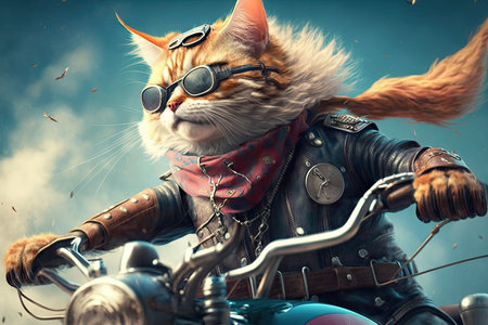 biker cat riding on chopper, with the wind in its fur, created with generative aiの素材