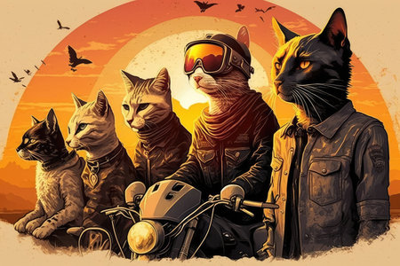 group of biker cats with their motorcycles at sunset, created with generative aiの素材