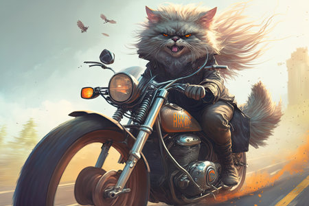 biker cat riding chopper down open road, the wind in her fur, created with generative aiの素材