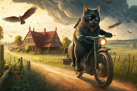 biker cat riding through countryside, with farmhouses in the background, created with generative aiの素材