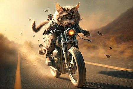 biker cat on its bike, flying down the open road, created with generative aiの素材