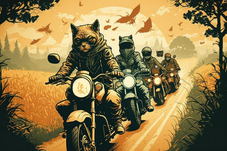 group of biker cats riding their motorcycles through beautiful countryside, created with generative aiの素材