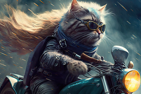 biker cat riding shotgun on speeding motorcycle with wind in its fur, created with generative aiの素材