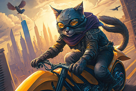 biker cat riding motorcycle through cityscape, with skyscrapers in the background, created with generative aiの素材