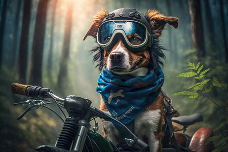biker dog, with bandana and goggles, riding motorbike through forest, created with generative aiの素材