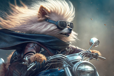biker dog riding on motorcycle, with the wind in its fur, created with generative aiの素材