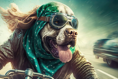 biker dog with bandana around its neck and sunglasses on its face roaring down highway, created with generative aiの素材