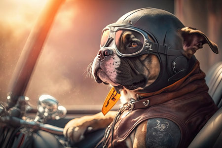 biker dog riding on back seat of motorcycle, looking into the distance, created with generative aiの素材