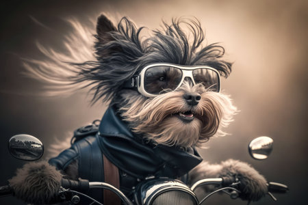 dog riding on motorcycle, with wind in its fur and nose, created with generative aiの素材