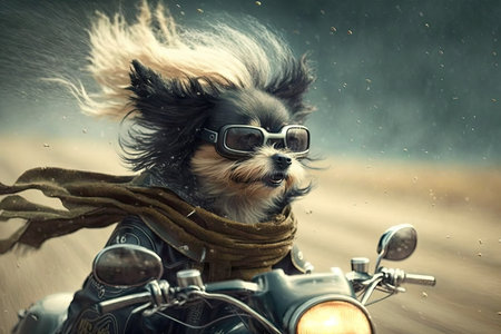 dog riding on motorcycle, with wind in its fur and nose, created with generative aiの素材