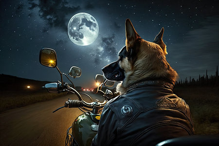 biker dog on nighttime ride, with view of the moon and stars above, created with generative aiの素材