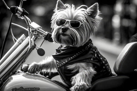 biker dog with its leash in mouth, riding on the back of a bike, created with generative aiの素材