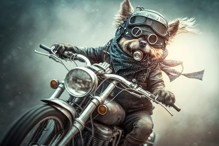 biker dog with its leash in mouth, riding on the back of a bike, created with generative aiの素材
