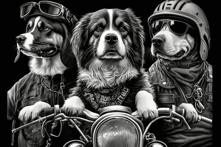 three biker dogs riding together on their motorcycles, created with generative aiの素材