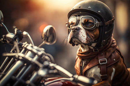 biker dog sitting in basket on the back of a motorcycle, head out the window for fresh air, created with generative aiの素材