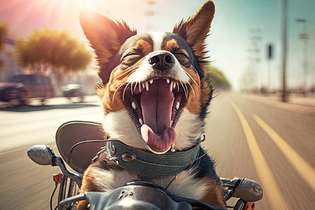 happy biker dog, with tongue out and tail wagging, on sunny day, created with generative aiの素材