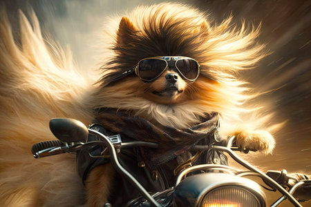 biker dog riding on the back of motorcycle, with wind in its fur, created with generative aiの素材