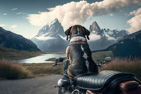 biker dog sitting in saddle, with view of mountainous landscape, created with generative aiの素材