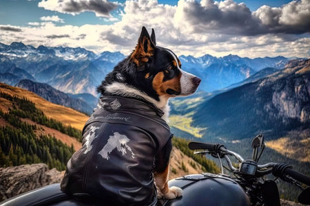 biker dog sitting in saddle, with view of mountainous landscape, created with generative aiの素材