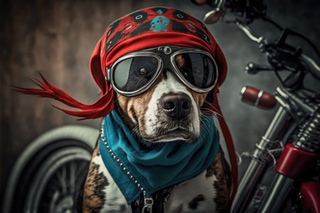 biker dog riding on custom-built chopper, wearing bandana and goggles, created with generative aiの素材