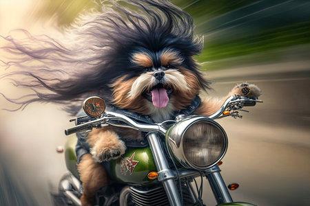 biker dog riding on custom-made chopper, with wind blowing in its fur, created with generative aiの素材