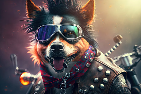 biker dog with bandana and spiked collar cruising on motorcycle, created with generative aiの素材