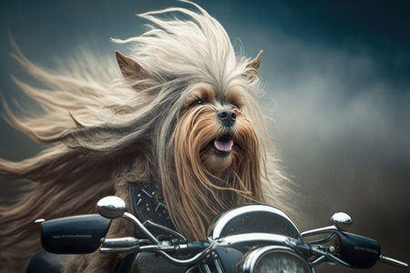 biker dog riding a chopper with the wind in its hair, created with generative aiの素材