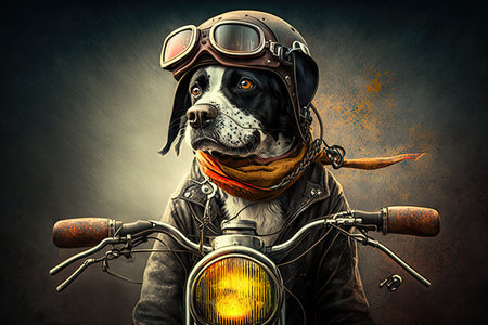biker dog on a vintage motorcycle with its leash in hand, ready for adventure, created with generative aiの素材
