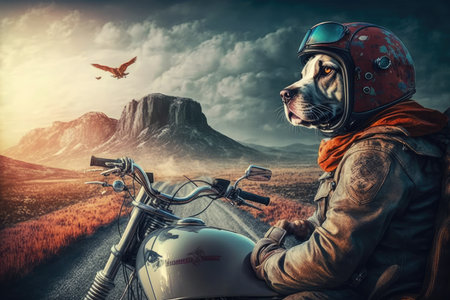 biker dog riding shotgun on motorcycle, with view of scenic landscape, created with generative aiの素材