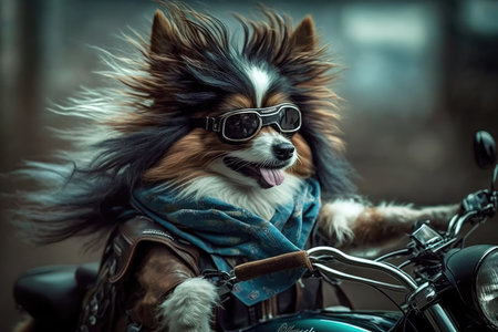 biker dog riding on motorcycle, with wind in its fur, created with generative aiの素材