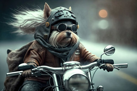 biker dog riding on the back of motorcycle, with wind in its fur, created with generative aiの素材