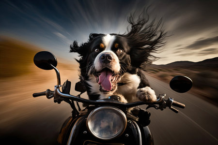 biker dog in full throttle, speeding past the open road, created with generative aiの素材
