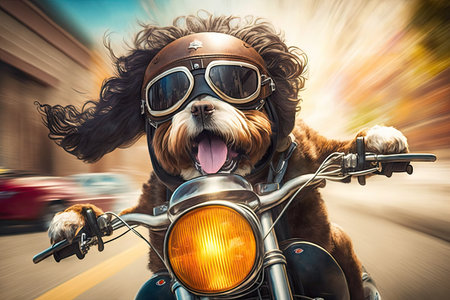 biker dog in full throttle, speeding past the open road, created with generative aiの素材