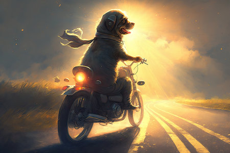 biker dog riding bike on windy road, with the sun shining in the background, created with generative aiの素材