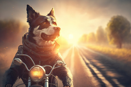biker dog riding bike on windy road, with the sun shining in the background, created with generative aiの素材