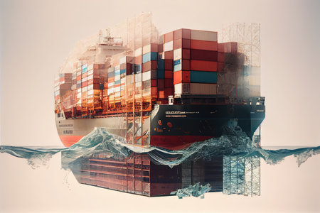 cargo ship, with its cargo of boxes and containers visible through double exposure, created with generative aiの素材