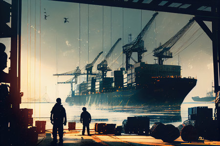cargo port, with busy workers and cargo ships in the background, double exposure, created with generative aiの素材