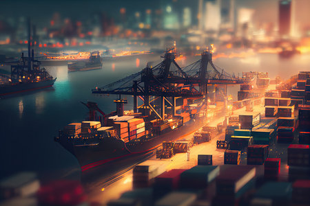 cargo port with blurred background of busy city skyline, created with generative aiの素材