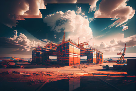 cargo port with view of sky and clouds, creating double exposure effect, created with generative aiの素材