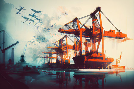 double-exposure of cargo port with towering cranes and busy dockside activity, created with generative aiの素材