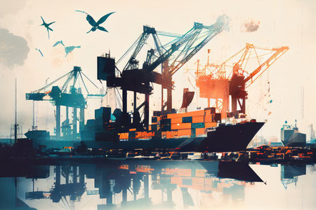 double-exposure of cargo port with towering cranes and busy dockside activity, created with generative aiの素材