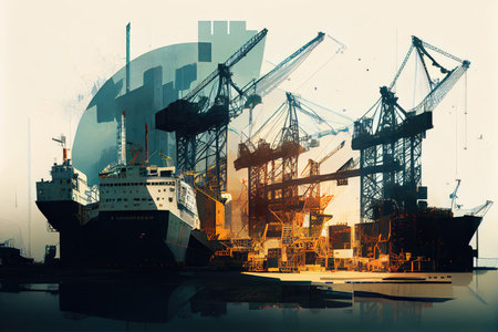 double-exposure of cargo port with towering cranes and busy dockside activity, created with generative aiの素材