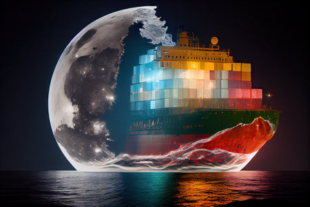 container ship sailing past the moon, with double exposure effect, created with generative aiの素材