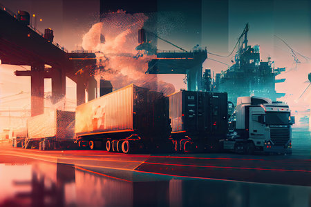 cargo port with blurry, fast-moving cars and trucks for double exposure effect, created with generative aiの素材